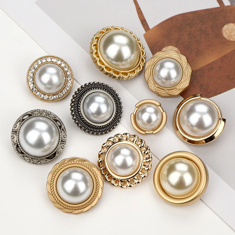 Fashion Garment Accessories Custom Rhinestone Metal Pearl Shank shell  Buttons Sewing Button For Coats Bags