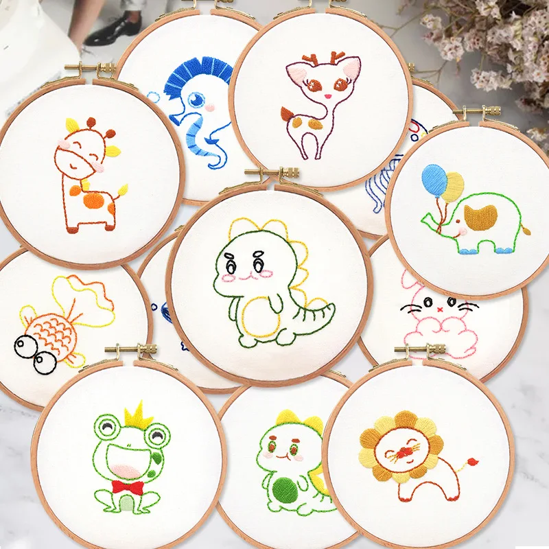 Cute Animal Cross Stitch Floss Embroidery Kit Colorful Threads Embroidery Hoop Stitching Punch Needle Set DIY Sewing Kit for Kid