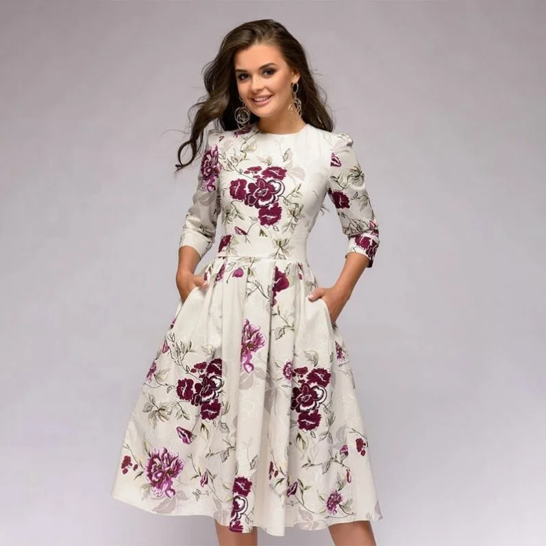 Wholesale Women Elegant A-line Dress Vintage printed party apparel Three Quarter Sleeve women Slim Autumn Winter Dress