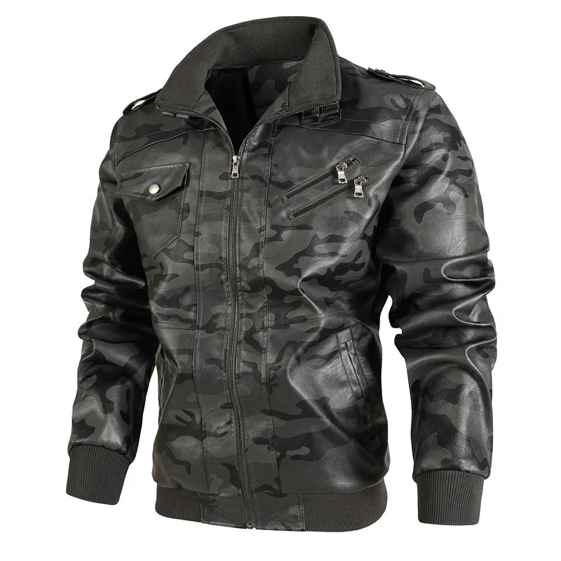Pu Leather Jacket Winter Custom Coat Retro Style Motorcycle Riding Jackets Camouflage Pattern Ryder Jacket Male