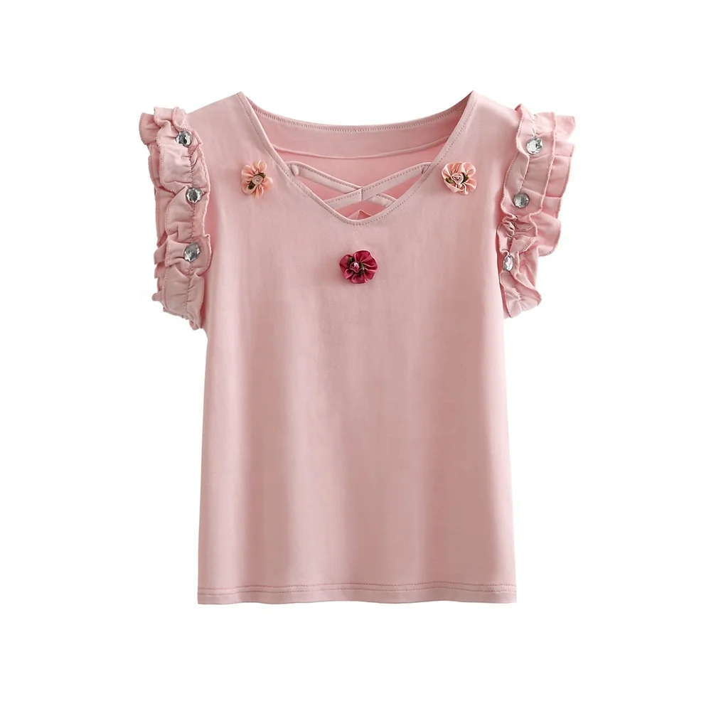 
Hot Selling Polyester White & Pink Flower Little Toddler Girl Fall Clothing Shirt 