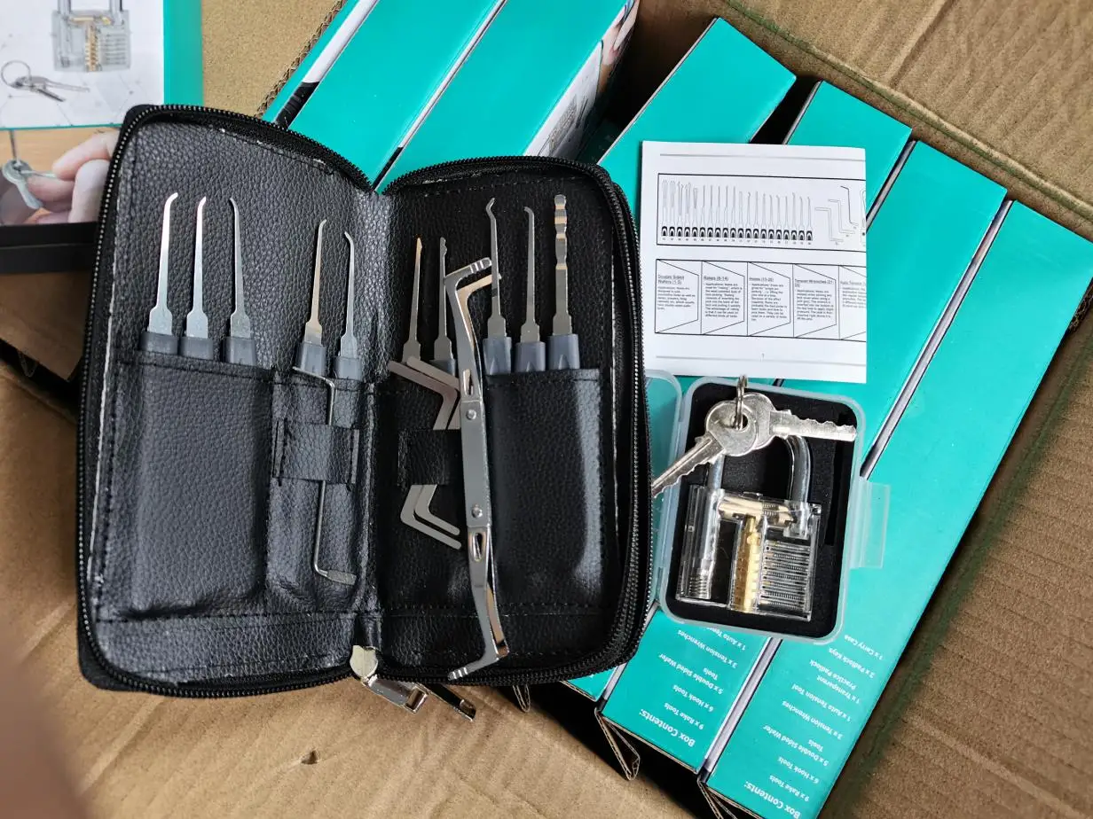 Free sample 24pcs locksmith hook lock picking set lock pick set lockpicking tools with transparent practice padlock