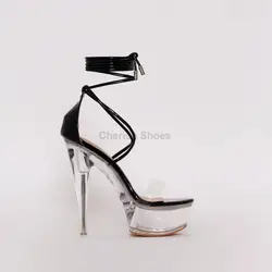 New arrival Sexy ladies patent clear platform heel ankle Sandals lace up pointed toe Transparent stiletto heel Shoes for women