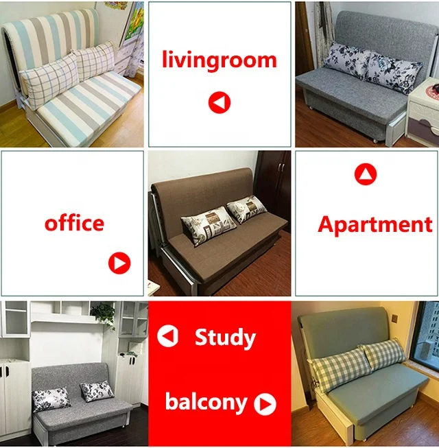 Modern style fabric Adjustable folding storage sofa bed with detachable armrest Metal frame transformable bedroom furniture