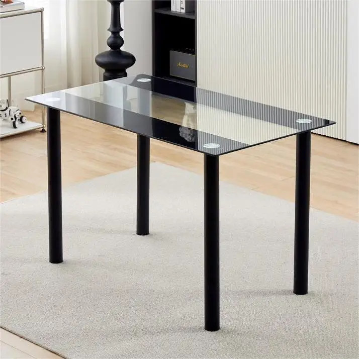 Modern Tempered Glass Black Dining Table Simple Rectangular Metal Table Legs Living Room Kitchen Table For 4 or 6 chairs