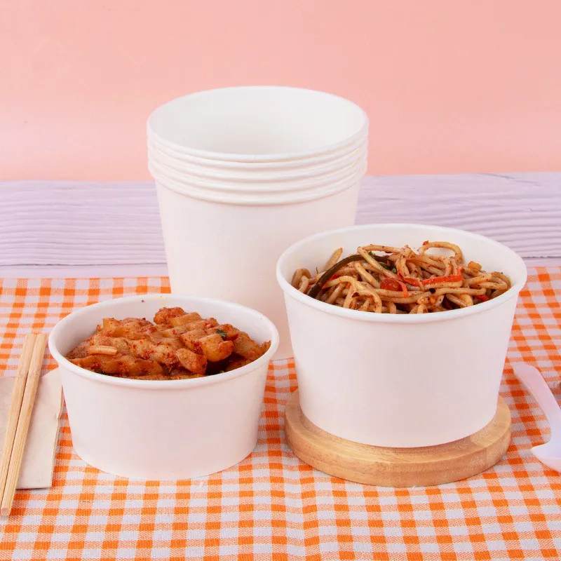 Hot Sale Customized Logo Disposable Paper Bowl Eco Friendly Food Grade 32oz 1000ml White Paper Rice Salad Bowl with Lid Cover