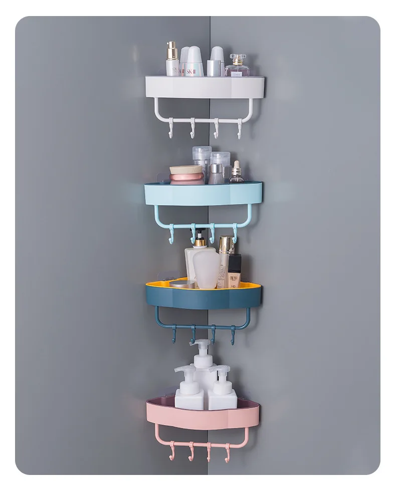 New Style Wall Mounted Non Punch Plastic Bathroom Shelf Storage Rack Toilet Corner Shelves With Hooks