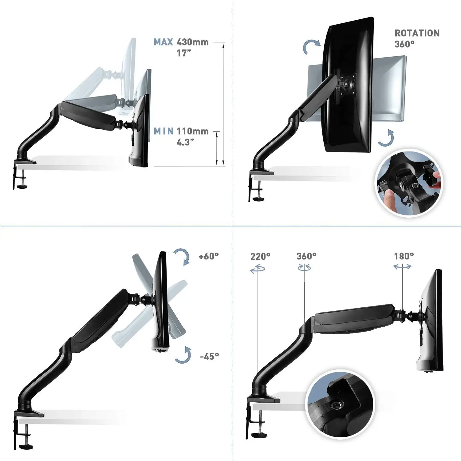 Full motion Gas spring lcd monitor mount for 17' - 27 LED LCD Flat Panel TVs