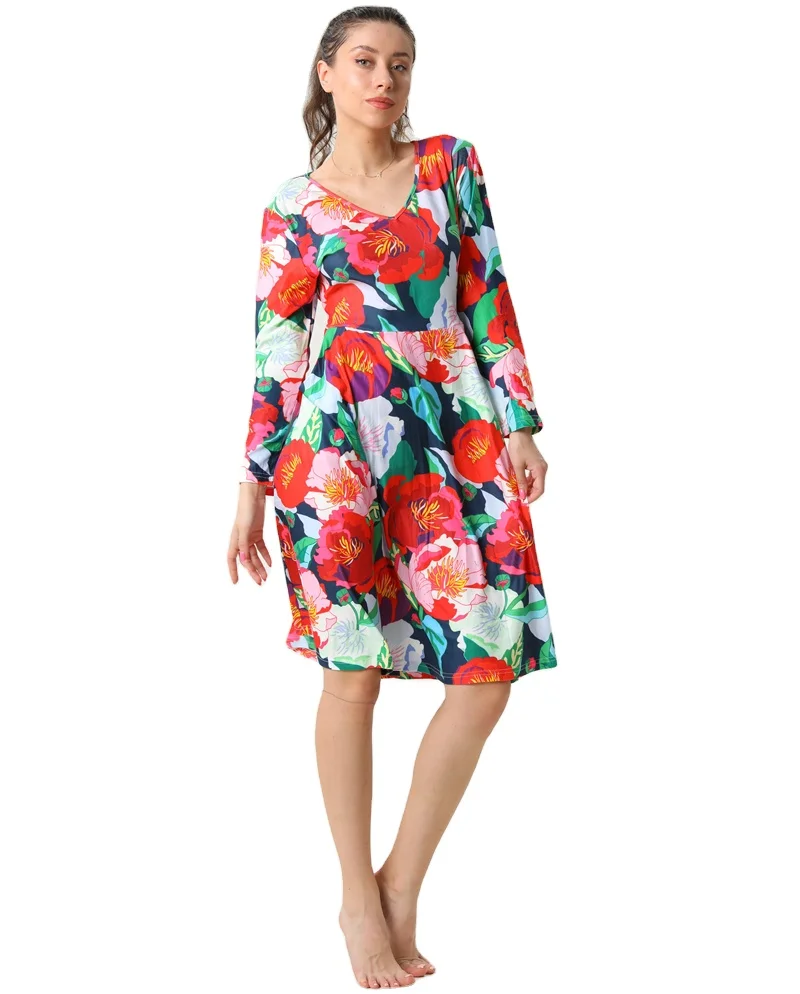 New Arrivals Wholesale Ultra Soft Fashion Women Full Long Sleeve Dress Red Flowers Four Seasons Lady Soft Dresses with Pockets