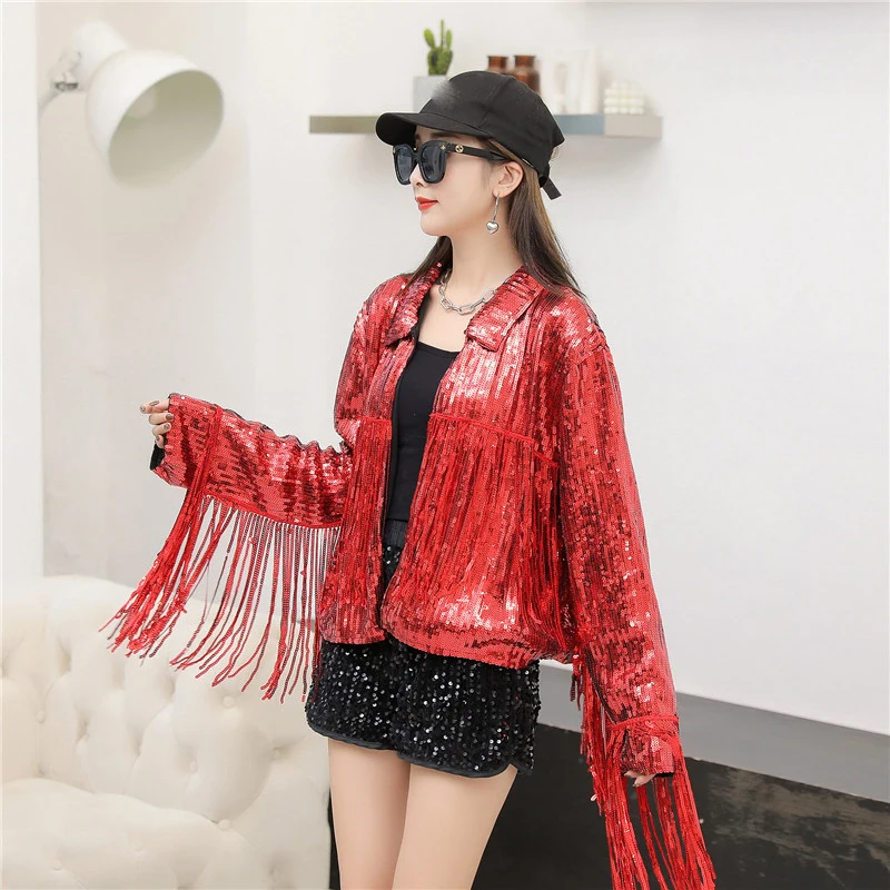 wholesale silver tassel hip hop Jazz Dance Costume coat fringed Sequin bomber Jacket