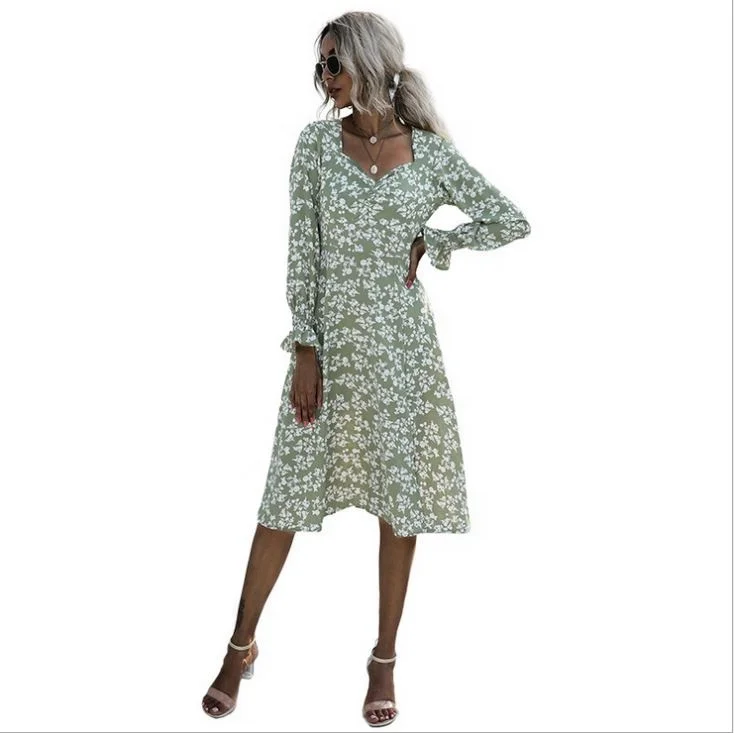 
European And American Flower Long Sleeve Dress Woman Qiu Dong Medium Section Ins 