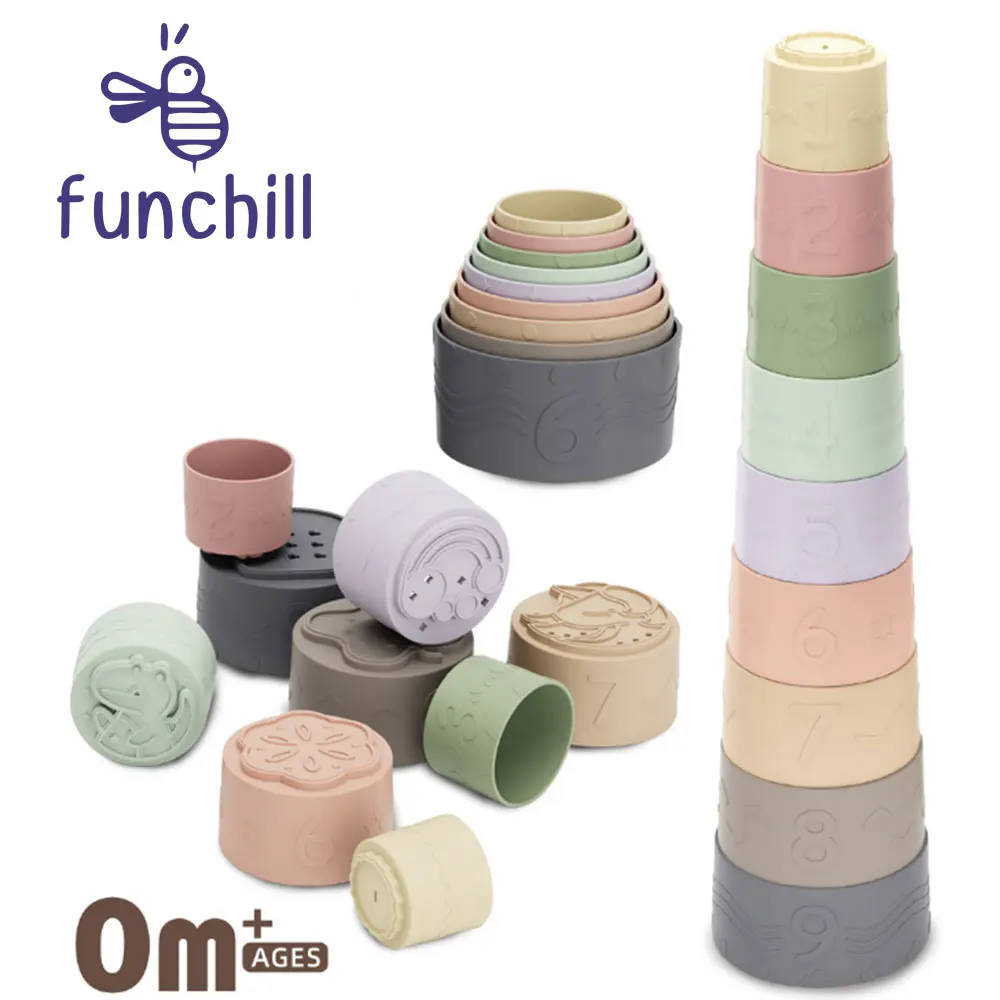 Educational Shower Toys Nesting Cups STEM Number Learning Pattern Silicone Teething Soft Building Blocks for Baby