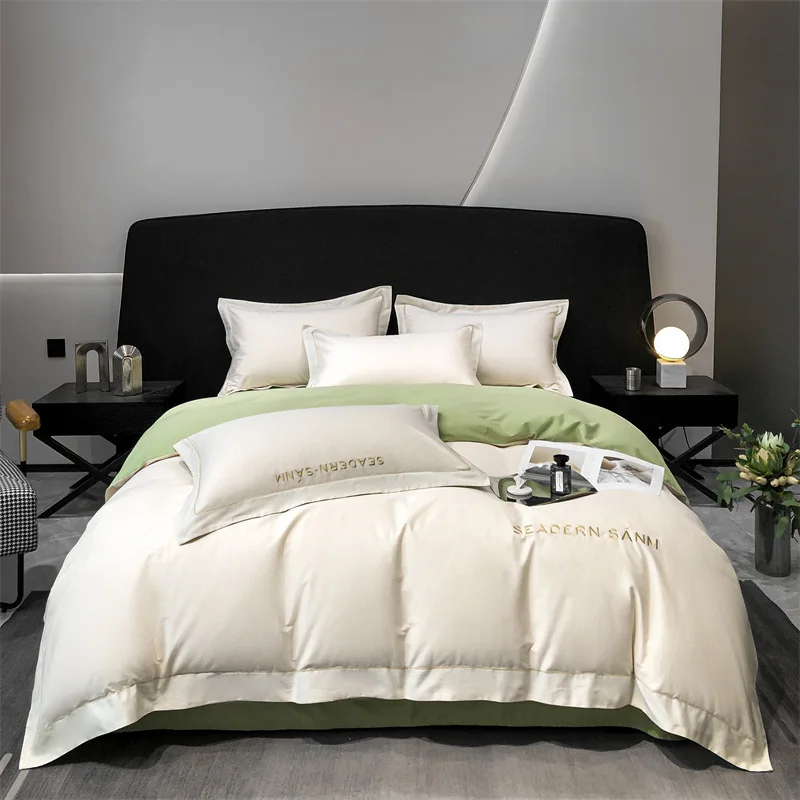 Plain cotton four pieces set exquisite embroidery AB face  matching quilt cover simple Bedding Set for bedroom