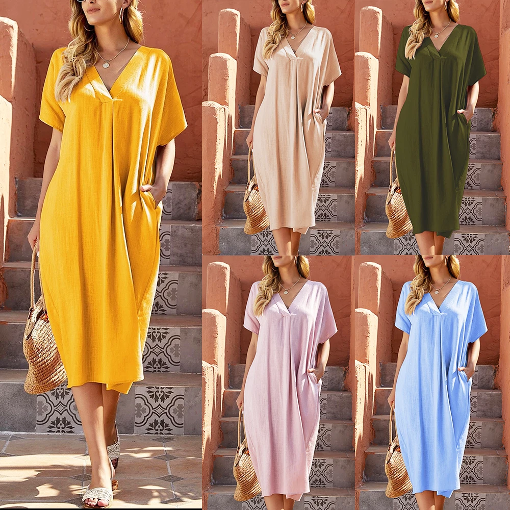 High Quality Women Midi V Neck Casual Dress