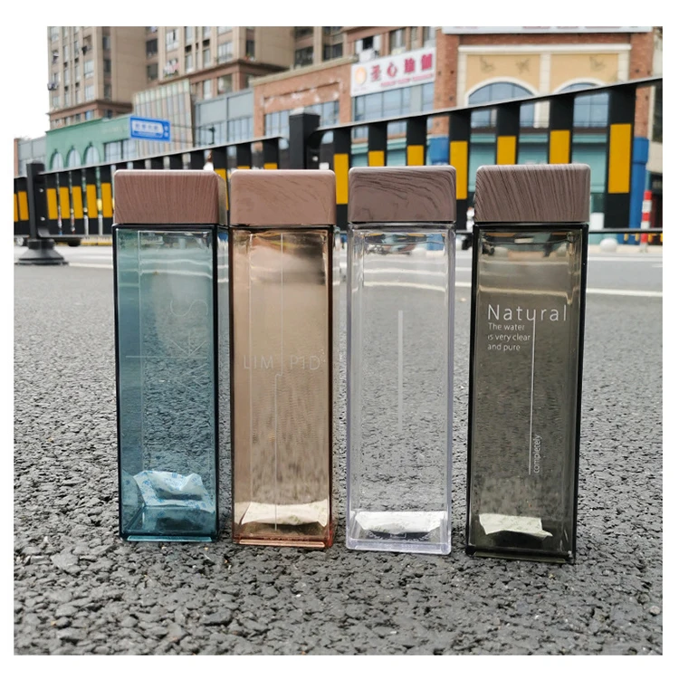 Outdoor Travel Transparent Wood Lid Plastic Square Frosted Water Bottle For Sports