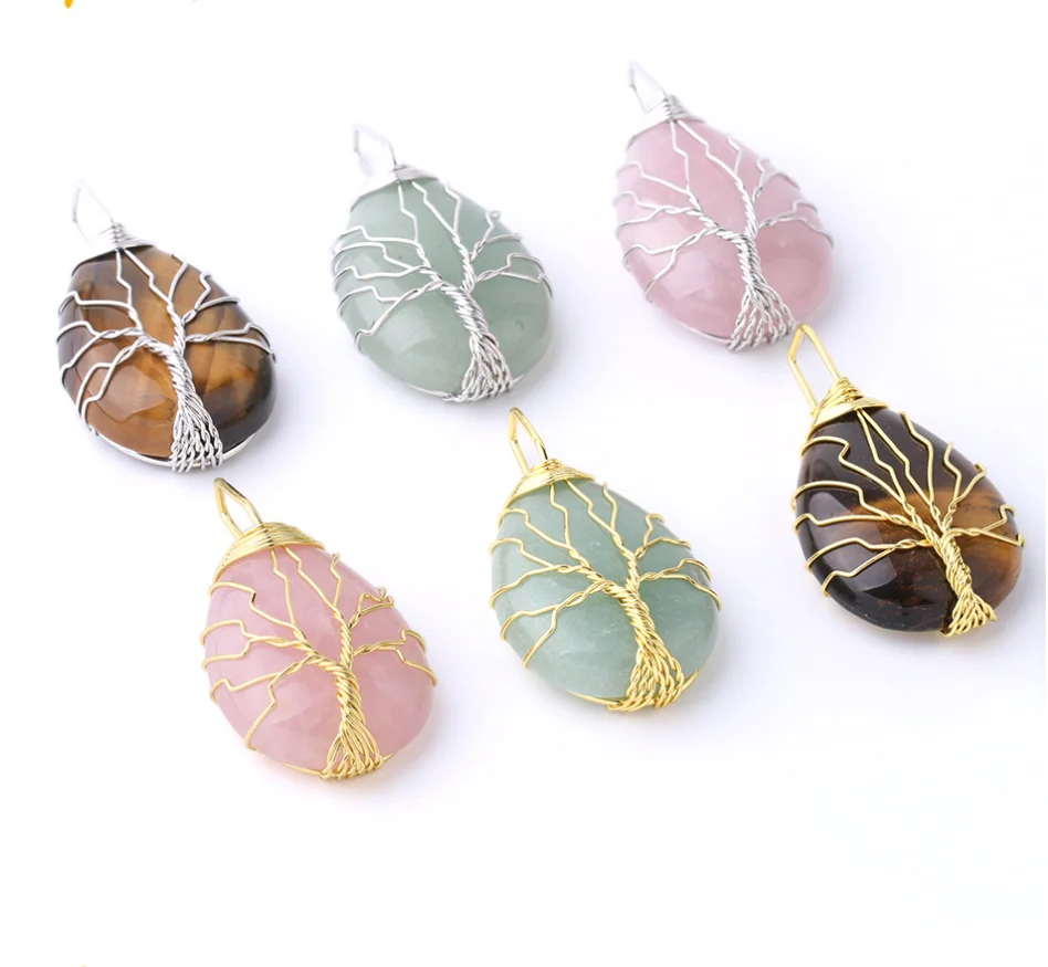 
XUNBEI Tree of Life Quartz Natural Semi-precious Stone Pendant Necklace Jewelry 