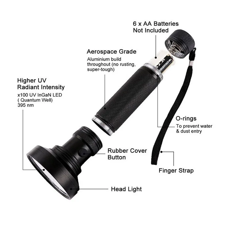 Aluminum High Power 6AA Battery 395nm UV Beast Black Light 100 LED Flashlight