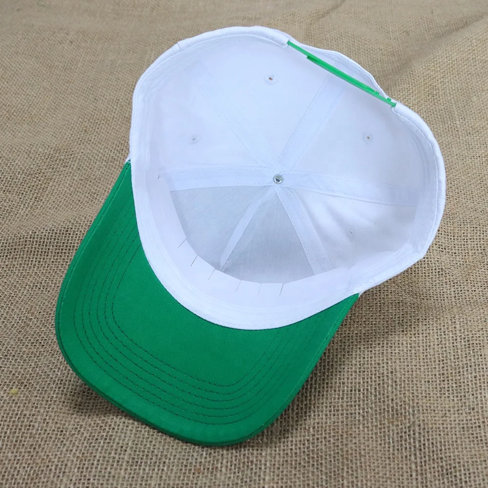 two tone adjustable custom logo snap back hat 5 panel cotton structured sports cap with green brim
