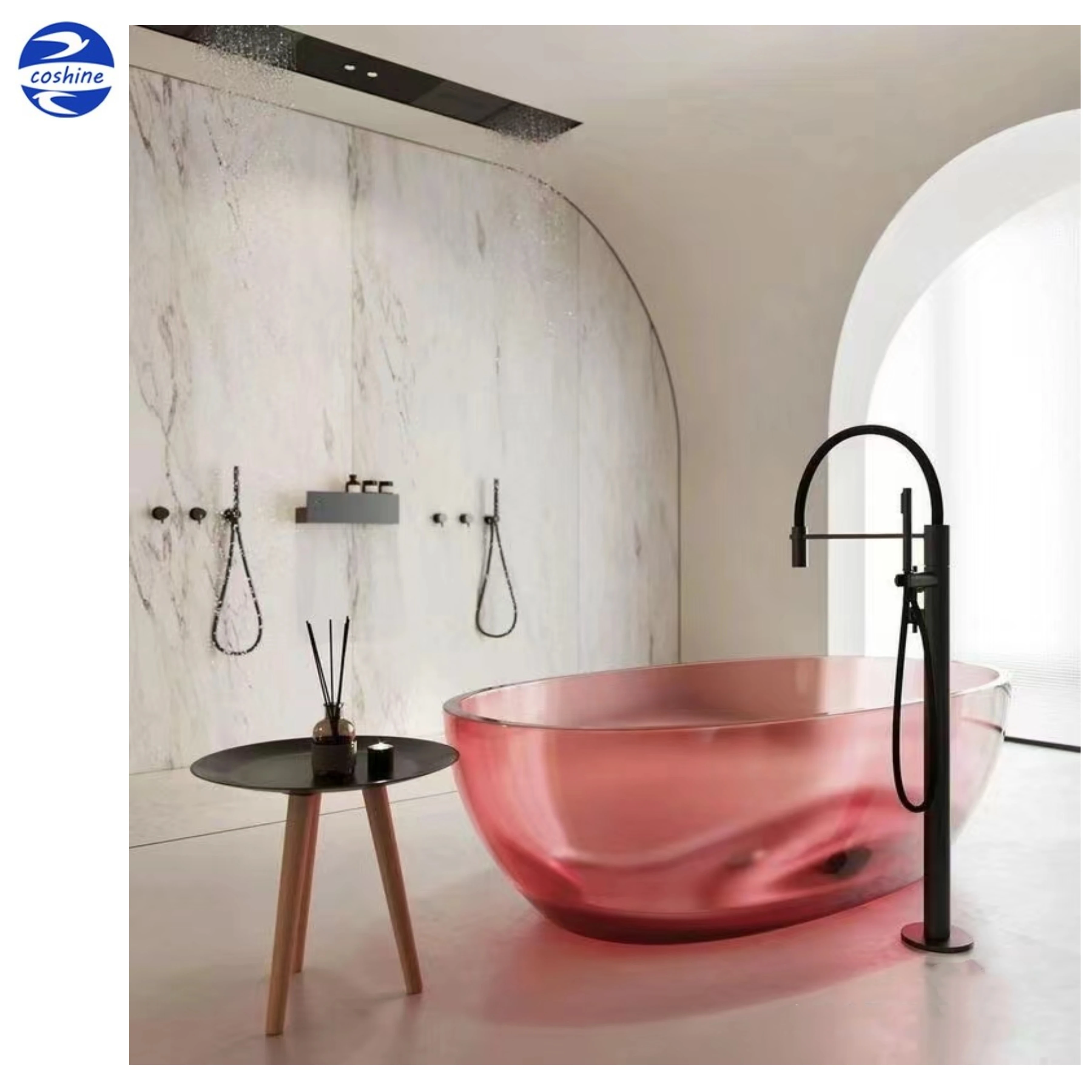 Дешевый искусственный материал для ванной комнаты Ванна Отдельно Стоящая овальная прозрачная лодка типа коричневая акриловая ванна с твердой поверхностью