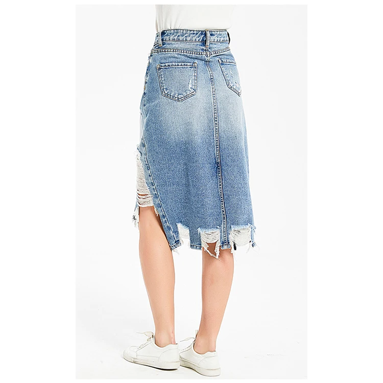 Fashion Irregular Tassel Distressed Hip Skirt Mid Length Denim Skirt For Women