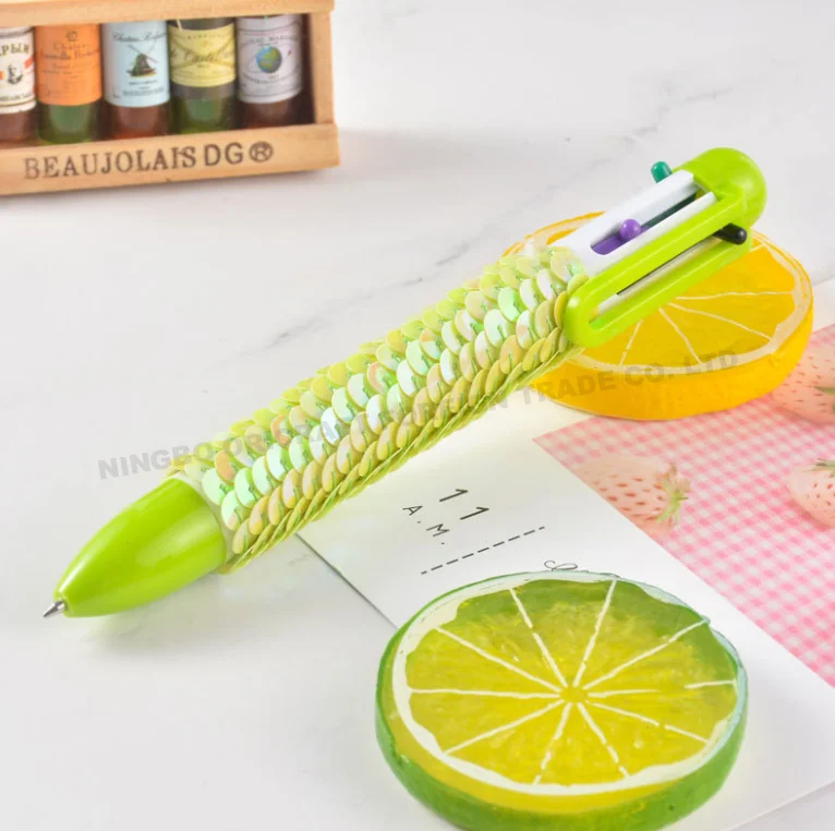 
promotional china cute sequin 6 colored plastic ballpoint pens school girl ball pen 
