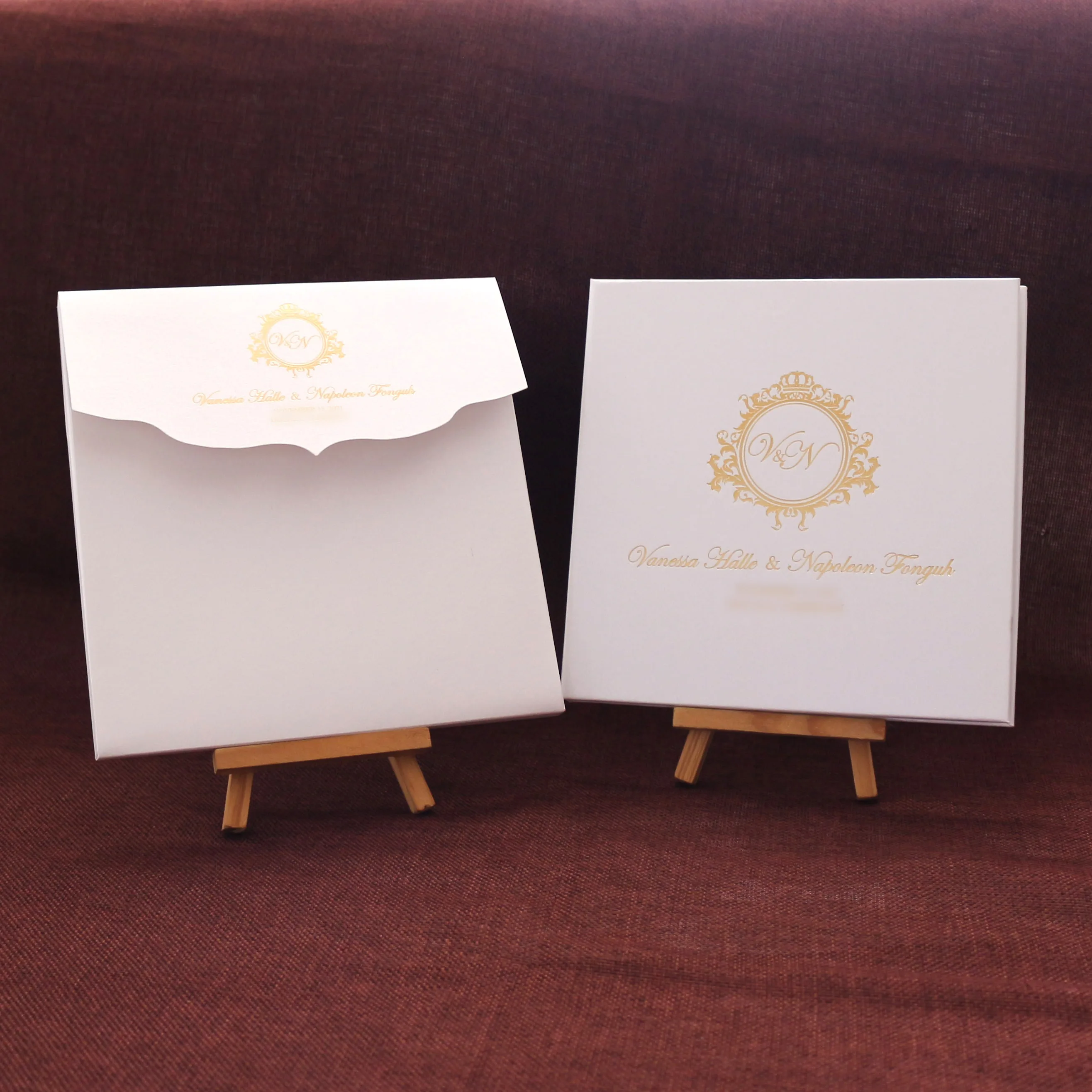 Bespoke Black and Gold Square Hardcover Wedding Invitation Card with Pocket Inside and custom hardcover wedding cards