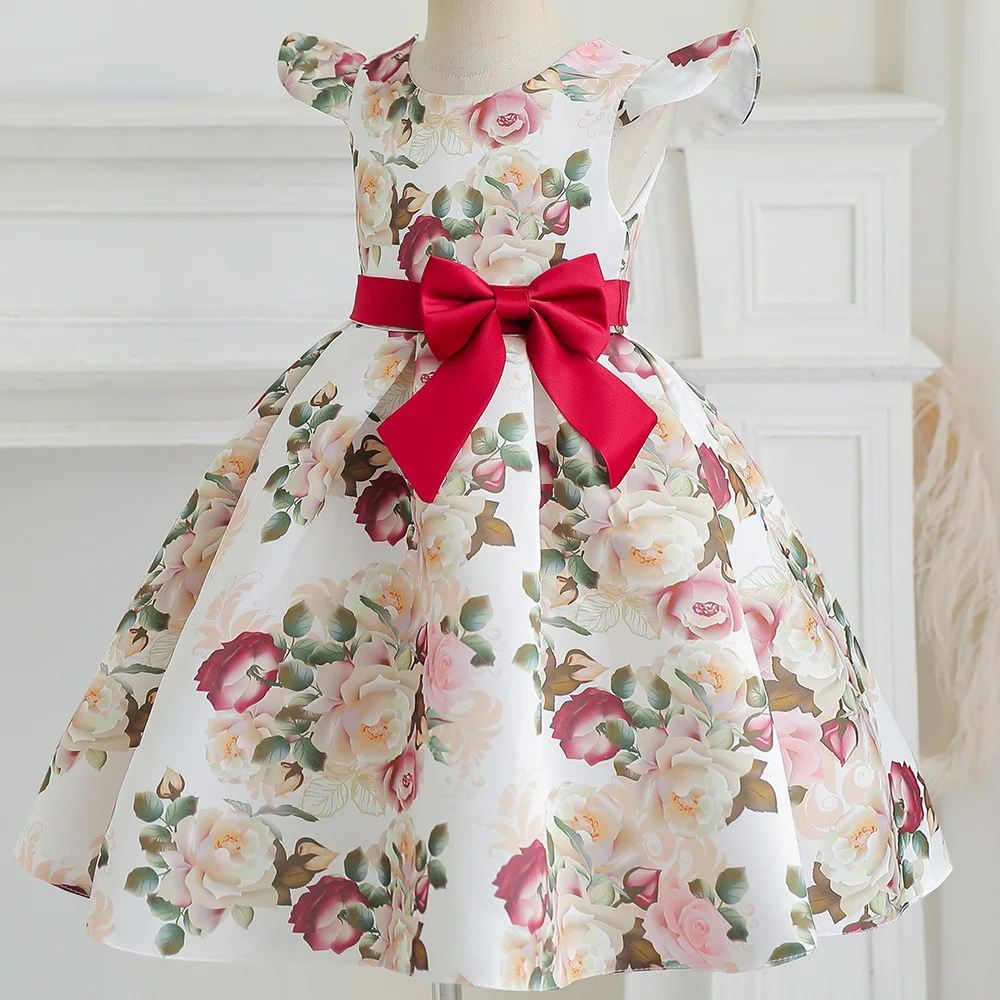 Yoliyolei Outong Flower Skirt, Autumn Kids Christmas Party Wear Short Sleeve Satin Kids Children Bow Ball Gown Wedding Dresses/