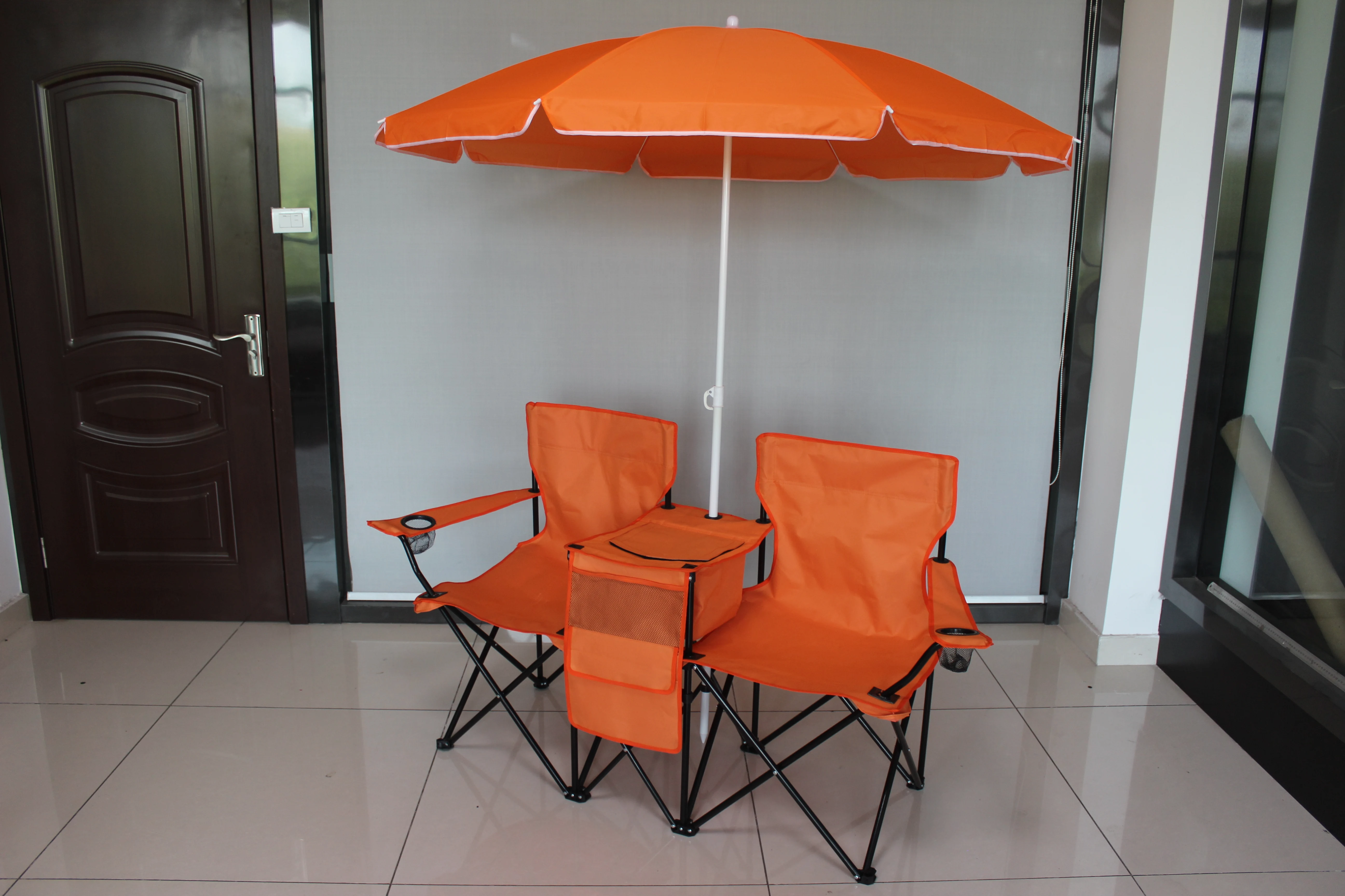 Customized Outdoor Two Seat Folding Double Beach Lover Chair With Umbrella Cooler