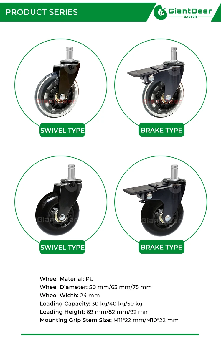 New Design 50mm 63mm 75mm Swivel Black Transparent PU Caster Wheel For Office Chair