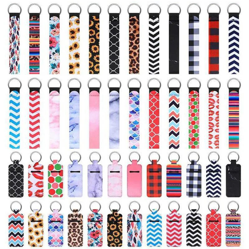 New Custom leather brand Neoprene  key chain key ring metal hook with leather wrist strap rope RTS luxury keychain