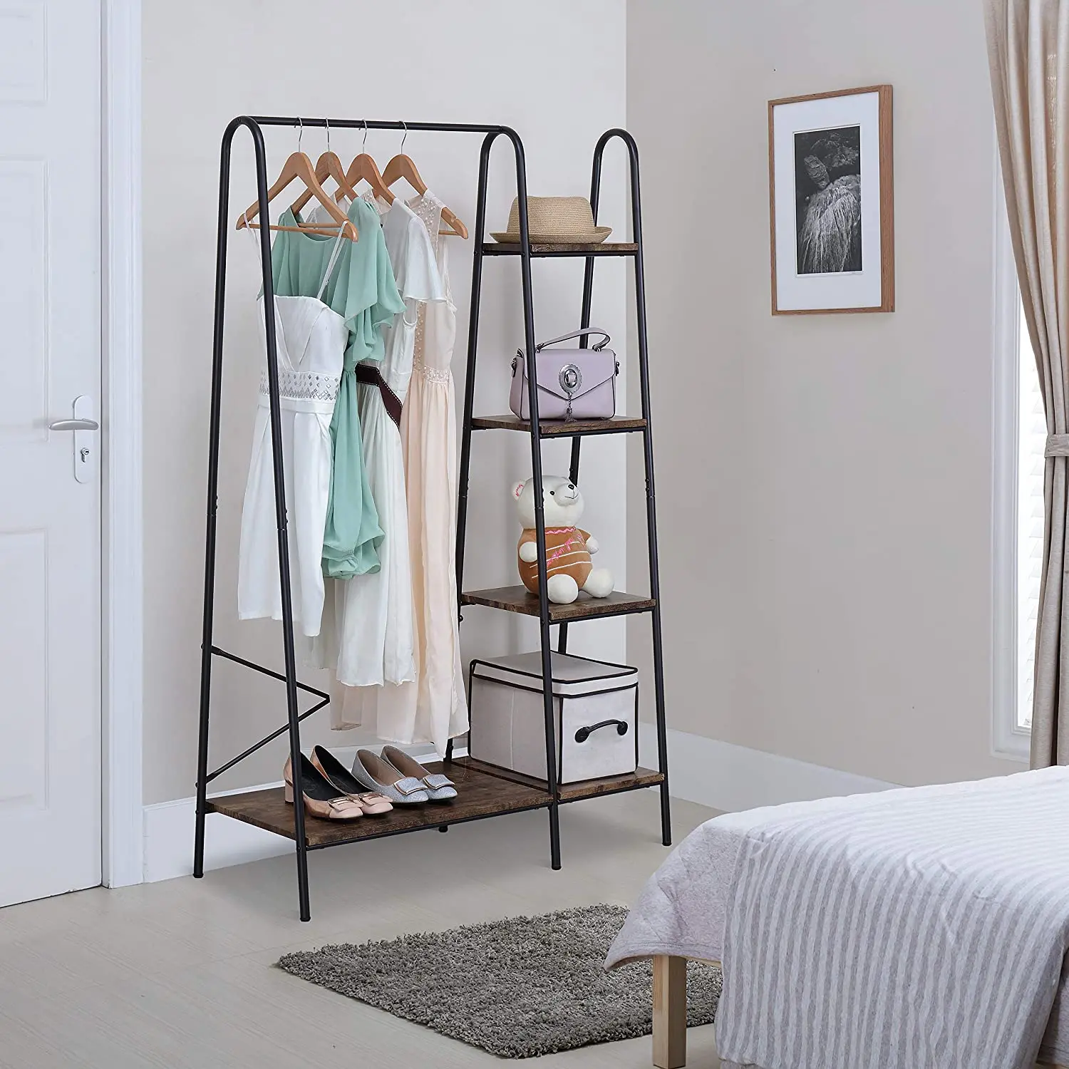 Metal Clothes Garment Rack 4-Tier Wood Storage Shelves Heavy Duty Accent Furniture for Hanging Clothes