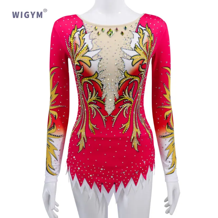 New Red Mysterious Long sleeved Gymnastics Leotards Customized Adult Competition Flash Fitness Tights