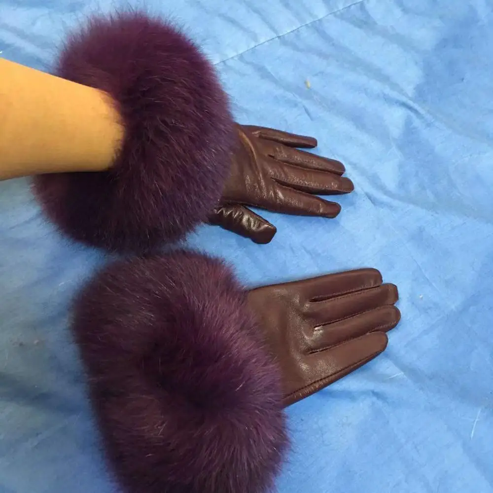 2019 muticolorsuede  real sheep skin leather glove real  fox fur trim