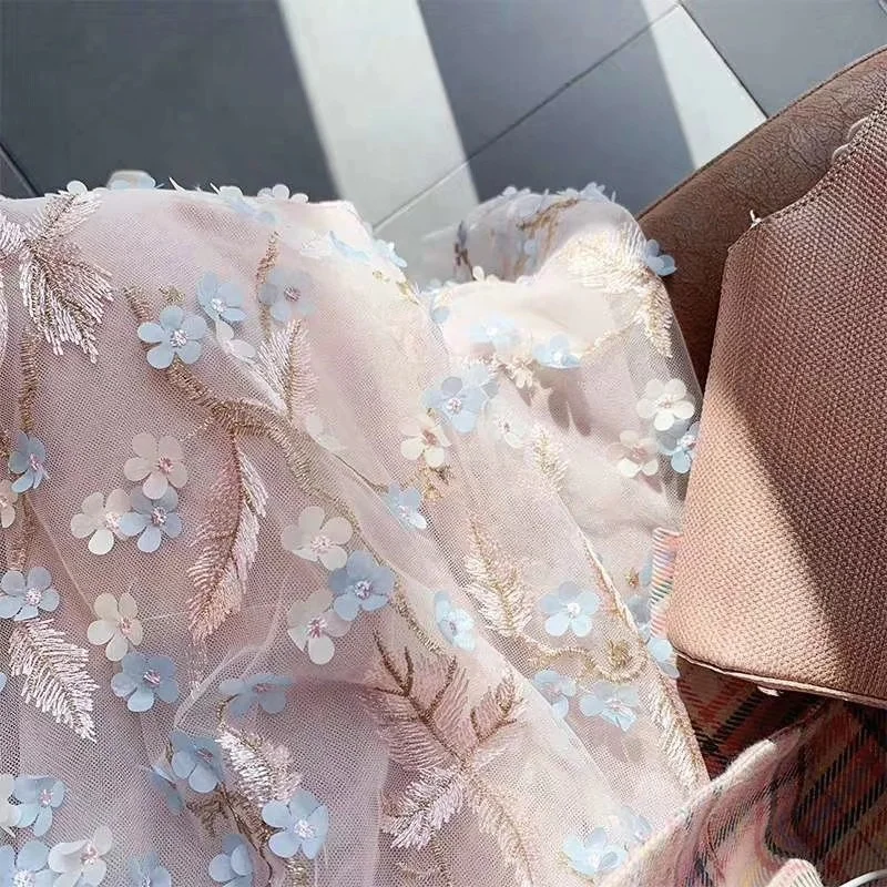 2021 Pink Color French Tulle Mesh Lace Fabric Embroidery 3D Flowers Applique Lace Fabric