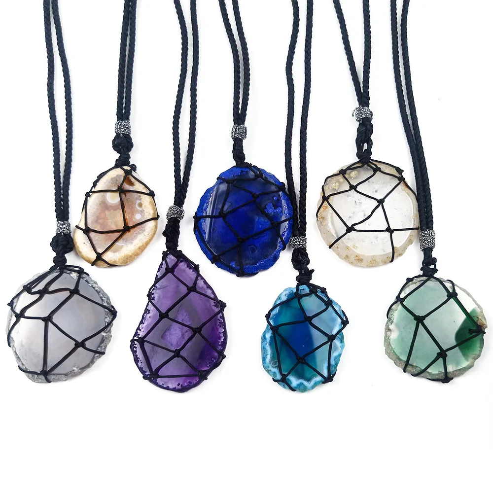 amazon rainbow natural agate pendant stone crystal necklace multicolor hand woven natural irregular agate stone necklace