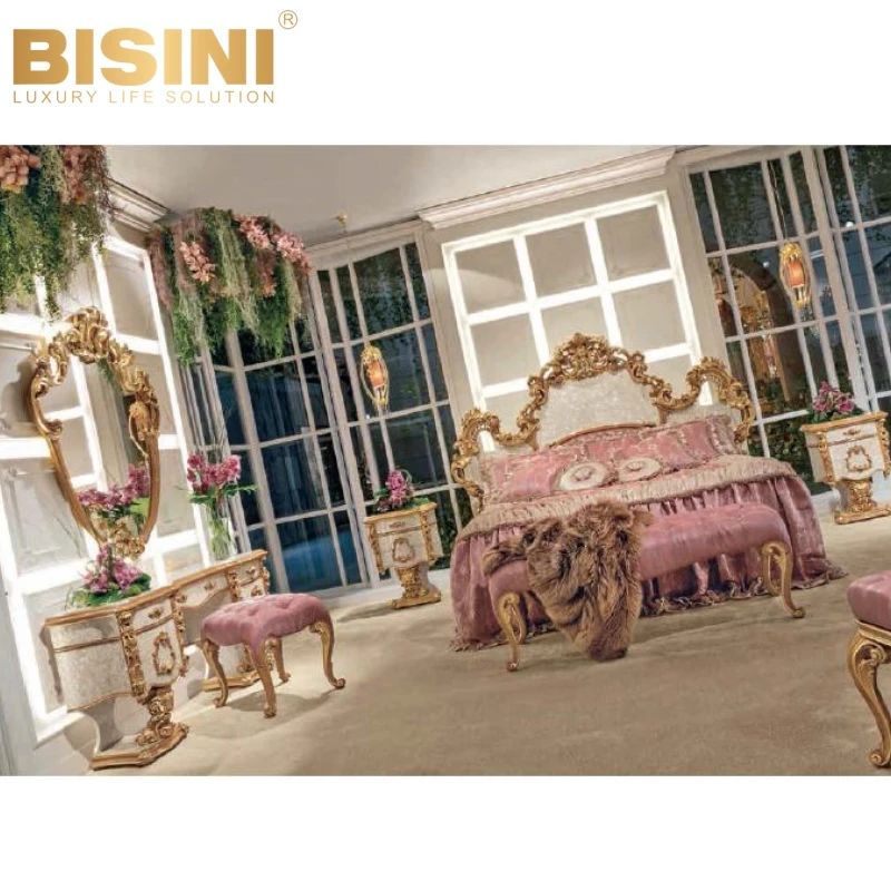 Luxury Baroque French Style Royal Palace Castle Master Bedroom Set Handcrafted Wood Carved and Shell Parquet Pink Double Bed