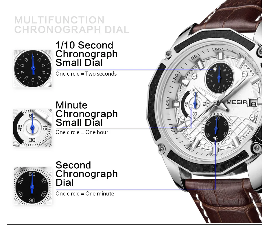 MEGIR 2015 Watch For Men High Quality Genuine Leather Band 3ATM Water Resistant Man Sport Analog Chronograph Quartz Watches