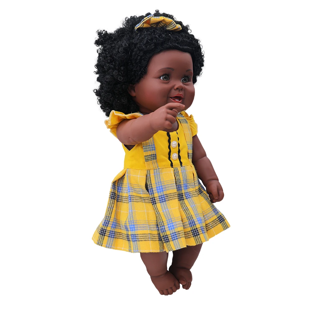 Tusalmo doll factory price wholesale lifelike 19 inch black pretty girl doll with dimples beautiful yellow dress for kids
