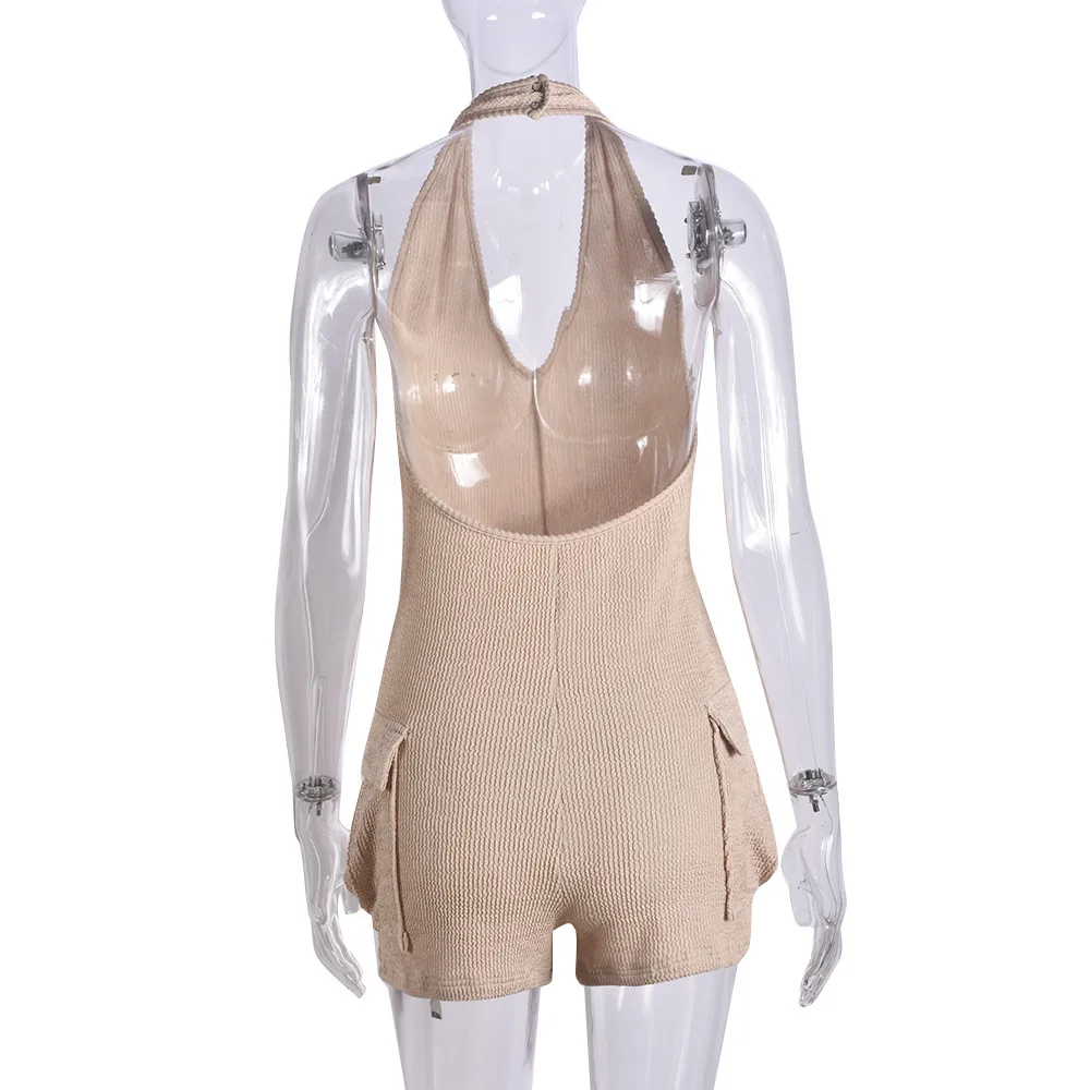 Trending 2024 Casual Knitted Jumpsuit Halter V Neck Skinny Rompers Playsuits One Piece Backless Slim Jumpsuit For Women