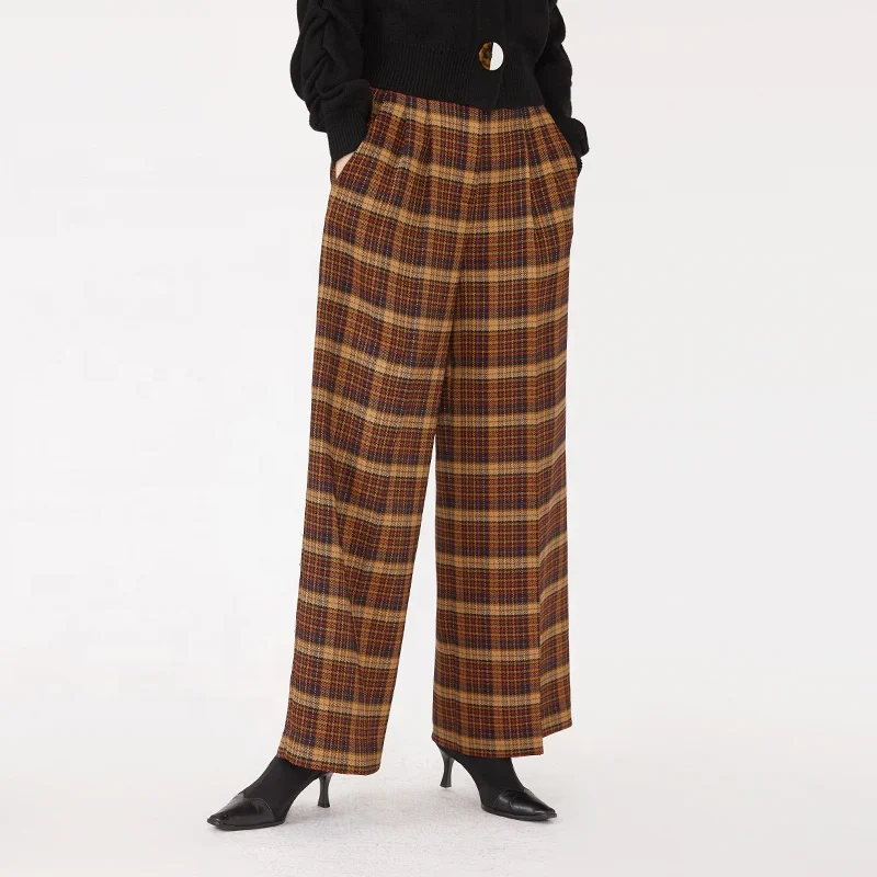 Women Premium Retro Oversized Trousers High Waist Plaid Woven Wide Leg Pants