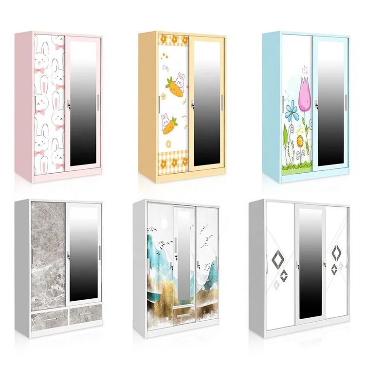 Stylish and Affordable Steel Sliding Wardrobes with Mirror Iron metal storage cupboard wardrobe for Your Bedroom Furniture