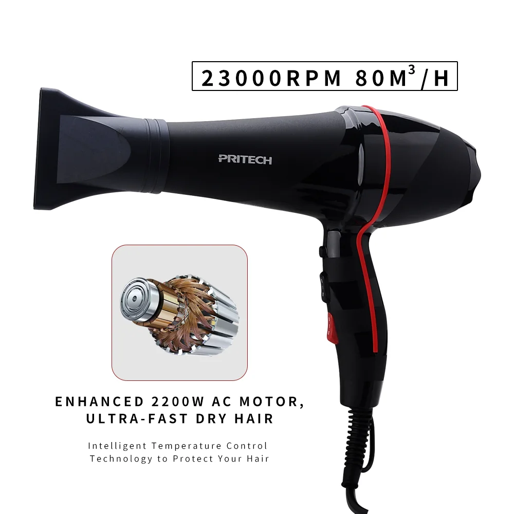 PRITECH Professional Salon Hair Dryer Concentrator W124 Salon Electric Plastic High-quality AC Motor Ionic Function 2200W Black