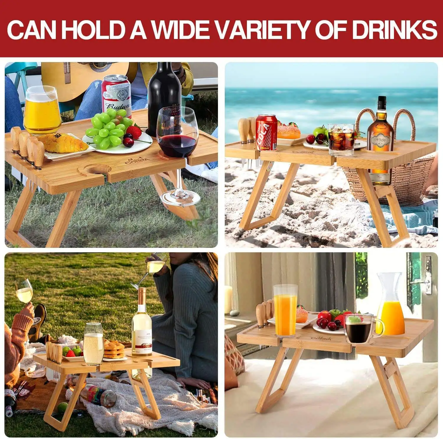 Outdoor Large Folding Bamboo Snack Cheese Tray Portable Wine Picnic Table
