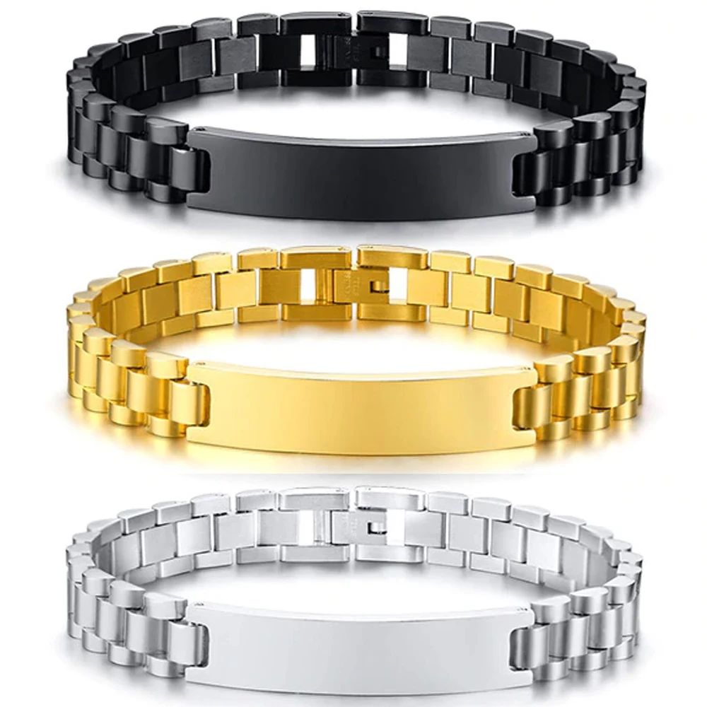 Personal Engraved ID Bar Bracelet 10MM Width 18K Gold Stainless Steel Watch Band Bracelet Blank Engravable