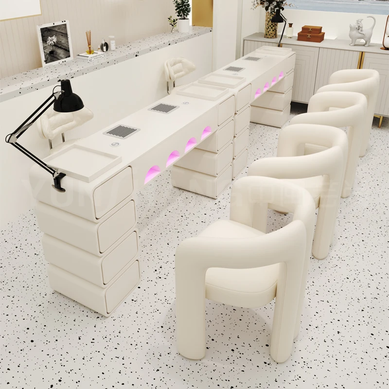 Cream Wooden Nail Art Table Chair Suite Embedded New Vacuum Cleaner Socket Wireless Reclamable Living Room