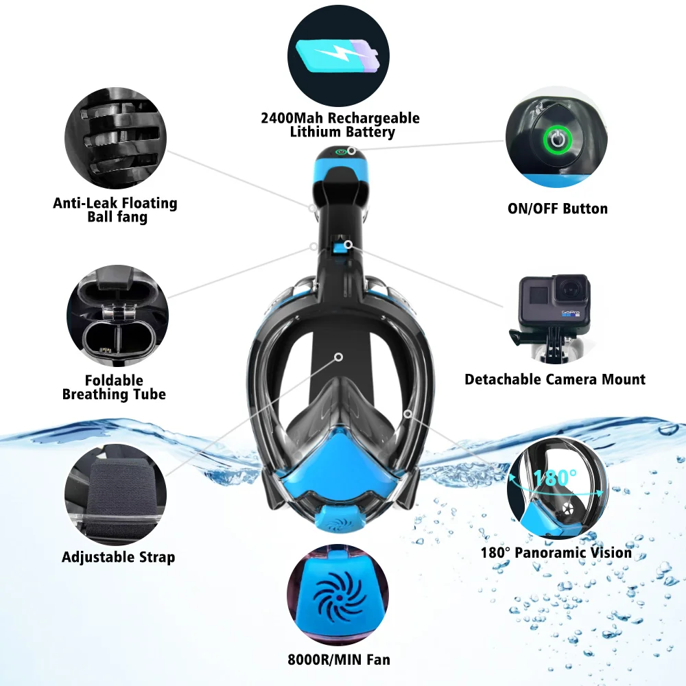 New Design Upgraded Airfresh Breathing System CO2 Reducing Free Breath Diving Mask Full Face Snorkel Mask