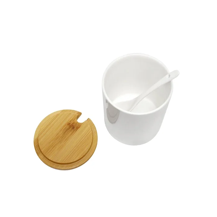 Wholesale ceramic sugar bowl with bamboo lid and spoon for home or kitchen