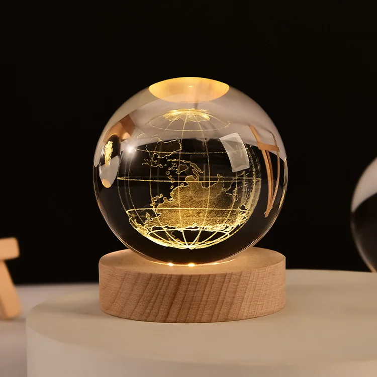 3D Art Crystal Lamp Solar System Moon Saturn Luminous Crystal Ball With Wood Night Light Desktop Home Decor