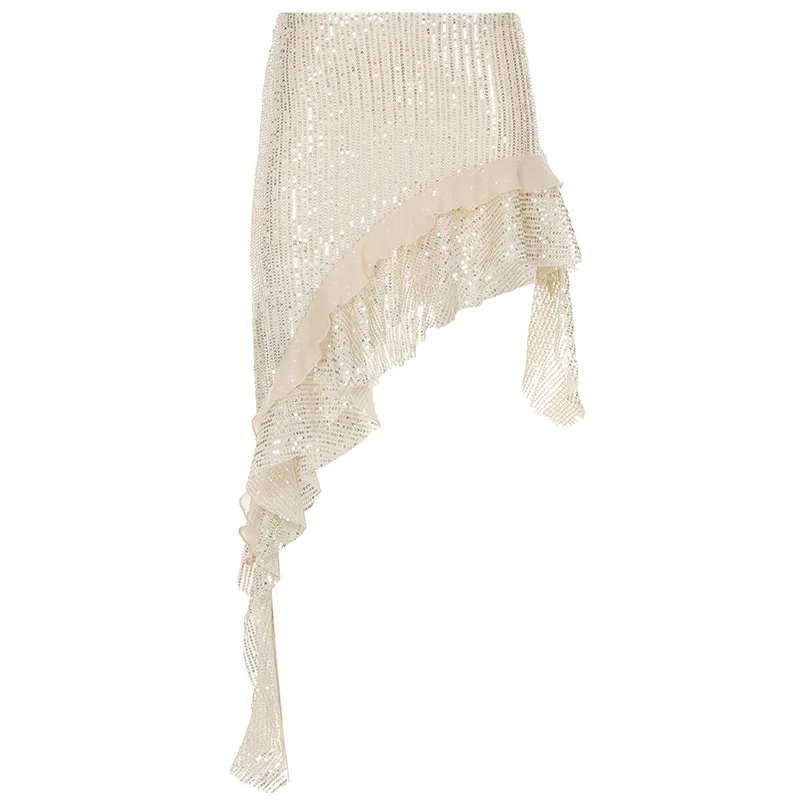 2024 New fashion sequin mesh with ruffle edge and irregular half skirt