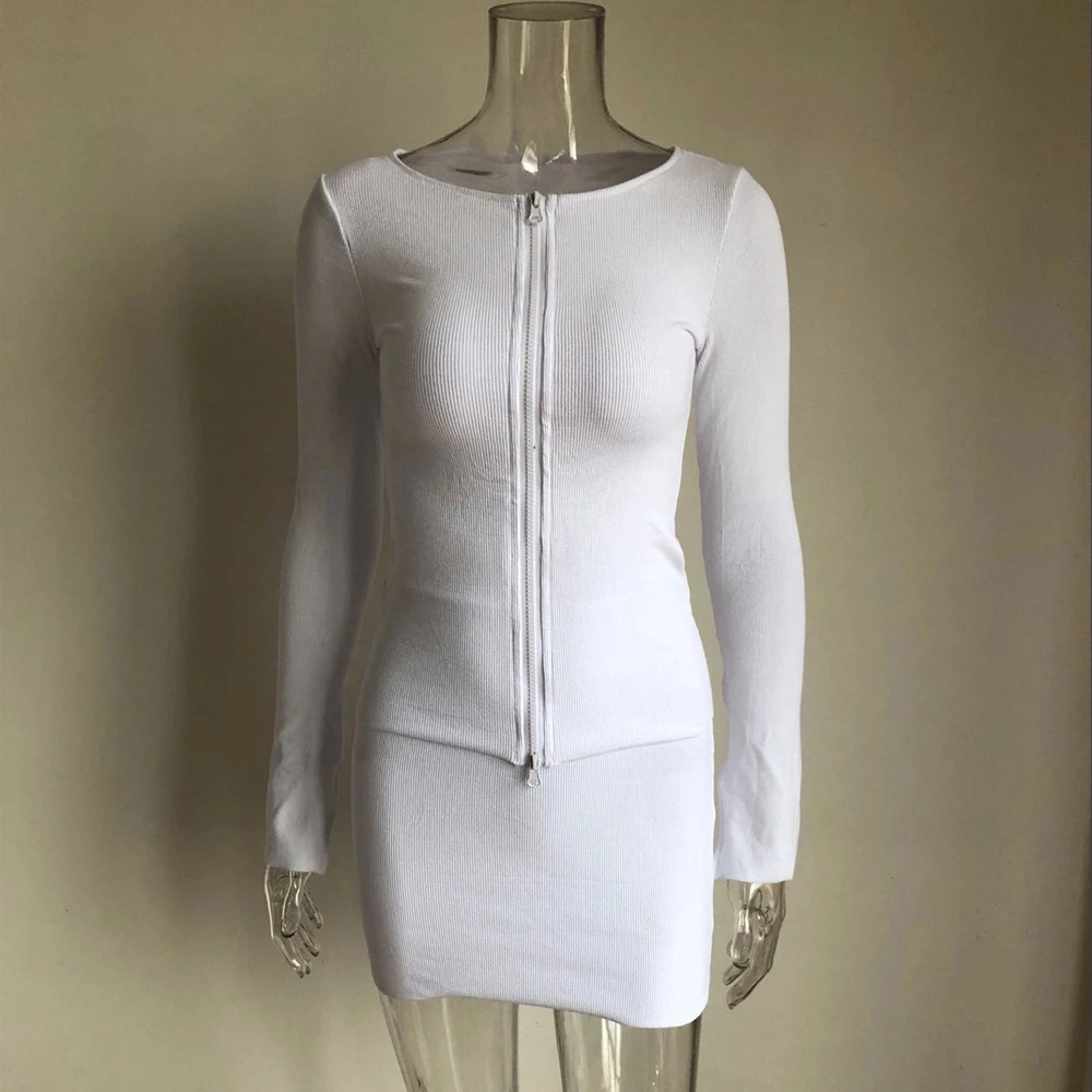 
8100 New summer ladies white knit ribbed top plus size 2pcs sets women clothes zip 